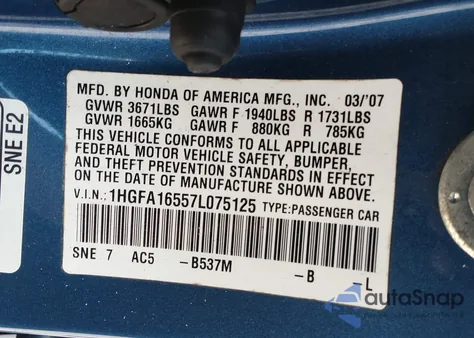 2007 Honda Civic Lx z USA, uszkodzony, nr VIN 1HGFA16557L075125